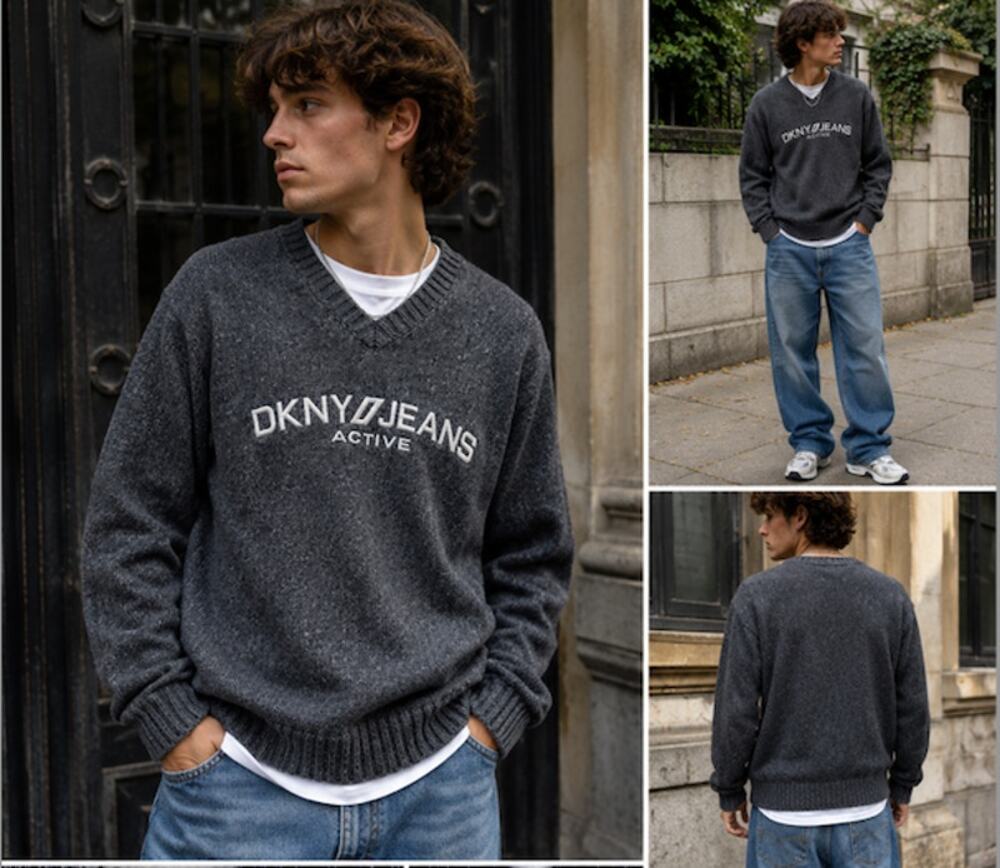 Vintage DKNY Jeans Active 100% Wool Logo Sweater Gray V Neck Y2K Unisex Small